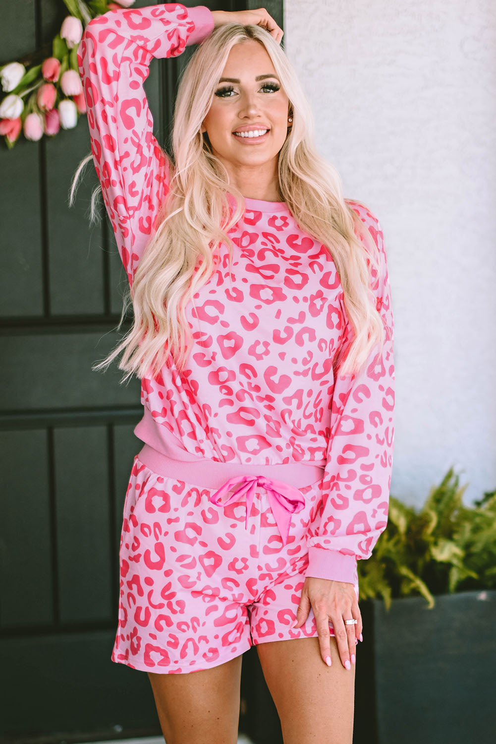 Pink Leopard Long Sleeve Satin Tie Shorts Two Piece Set - Premium Loungewear from Momma Done Gone Crafty- Just $46.70! Shop now at Momma Done Gone Crafty