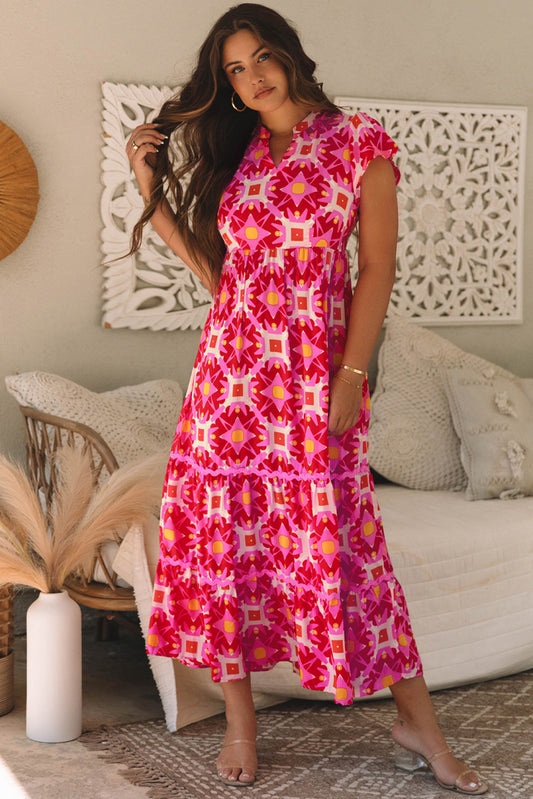 Strawberry Pink Geo Print V-neck Maxi Dress - Premium Dresses/Maxi Dresses from Ashes 2 Wildflowers Boutique, LLC- Just $38.56! Shop now at Ashes 2 Wildflowers Boutique, LLC