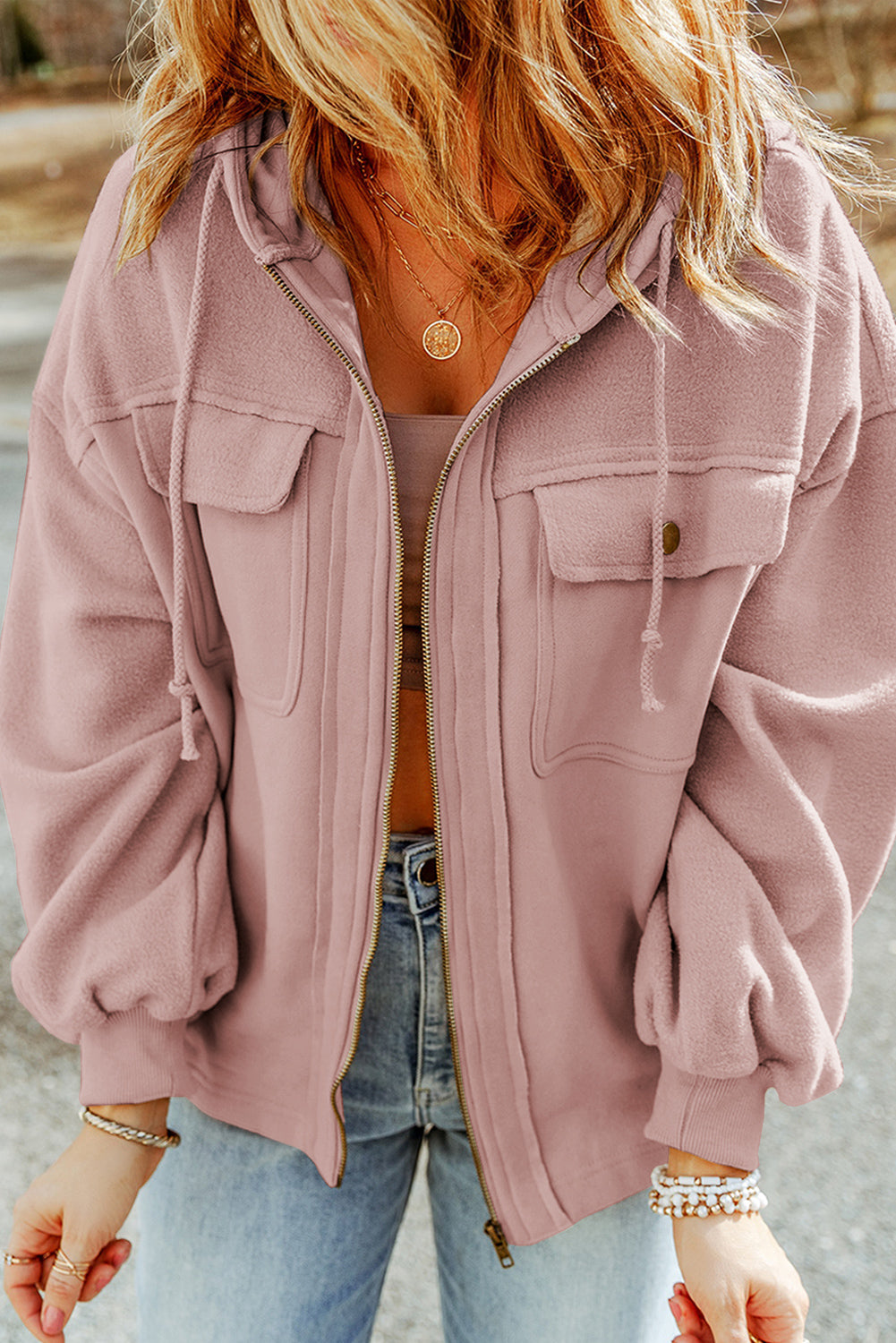 Pink Flap Pocket Drawstring Hood Zip Up Jacket - Premium Outerwear from Momma Done Gone Crafty- Just $58.99! Shop now at Momma Done Gone Crafty