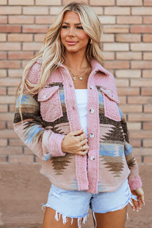 Pink Western Aztec Print Sherpa Splicing Buttoned Flap Pocket Coat - Premium Outerwear/Jackets from Ashes 2 Wildflowers Boutique, LLC- Just $37.40! Shop now at Ashes 2 Wildflowers Boutique, LLC