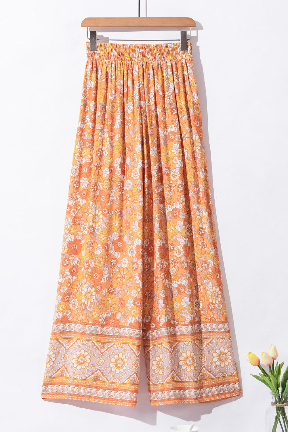 Grapefruit Orange Tie Waist Boho Floral Wide Leg Pants - Premium Bottoms from Momma Done Gone Crafty- Just $36.27! Shop now at Momma Done Gone Crafty