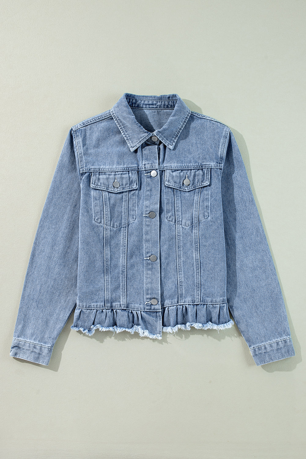 Beau Blue Ruffle Raw Hem Flap Pockets Denim Jacket - Premium Outerwear/Denim jackets from Ashes 2 Wildflowers Boutique, LLC- Just $41.38! Shop now at Ashes 2 Wildflowers Boutique, LLC