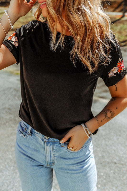 Black Floral Embroidered Round Neck Short Sleeve T Shirt - Premium Tops from Momma Done Gone Crafty- Just $59.70! Shop now at Momma Done Gone Crafty