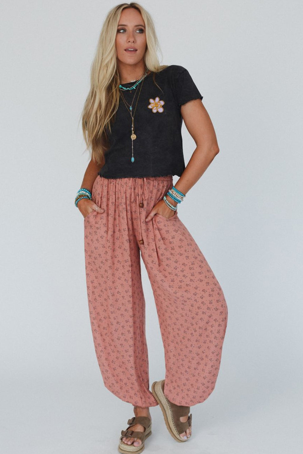 Pink Boho Floral Printed Wide Leg Jogger Pants - Premium Bottoms/Pants & Culotte from Momma Done Gone Crafty- Just $22.20! Shop now at Momma Done Gone Crafty