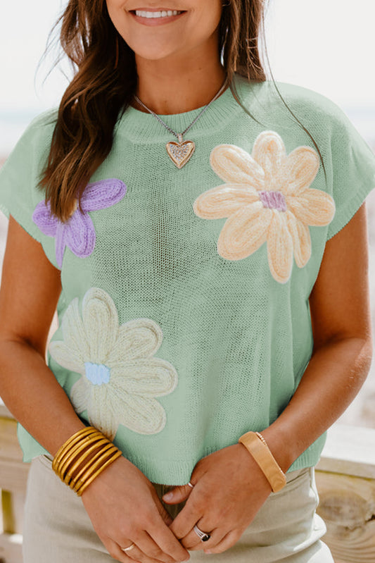 Moonlight Jade Multi Crochet Flower Knit Short Sleeve Sweater Top - Premium Sweaters & Cardigans/Short Sleeve Sweaters from Momma Done Gone Crafty- Just $27.69! Shop now at Momma Done Gone Crafty