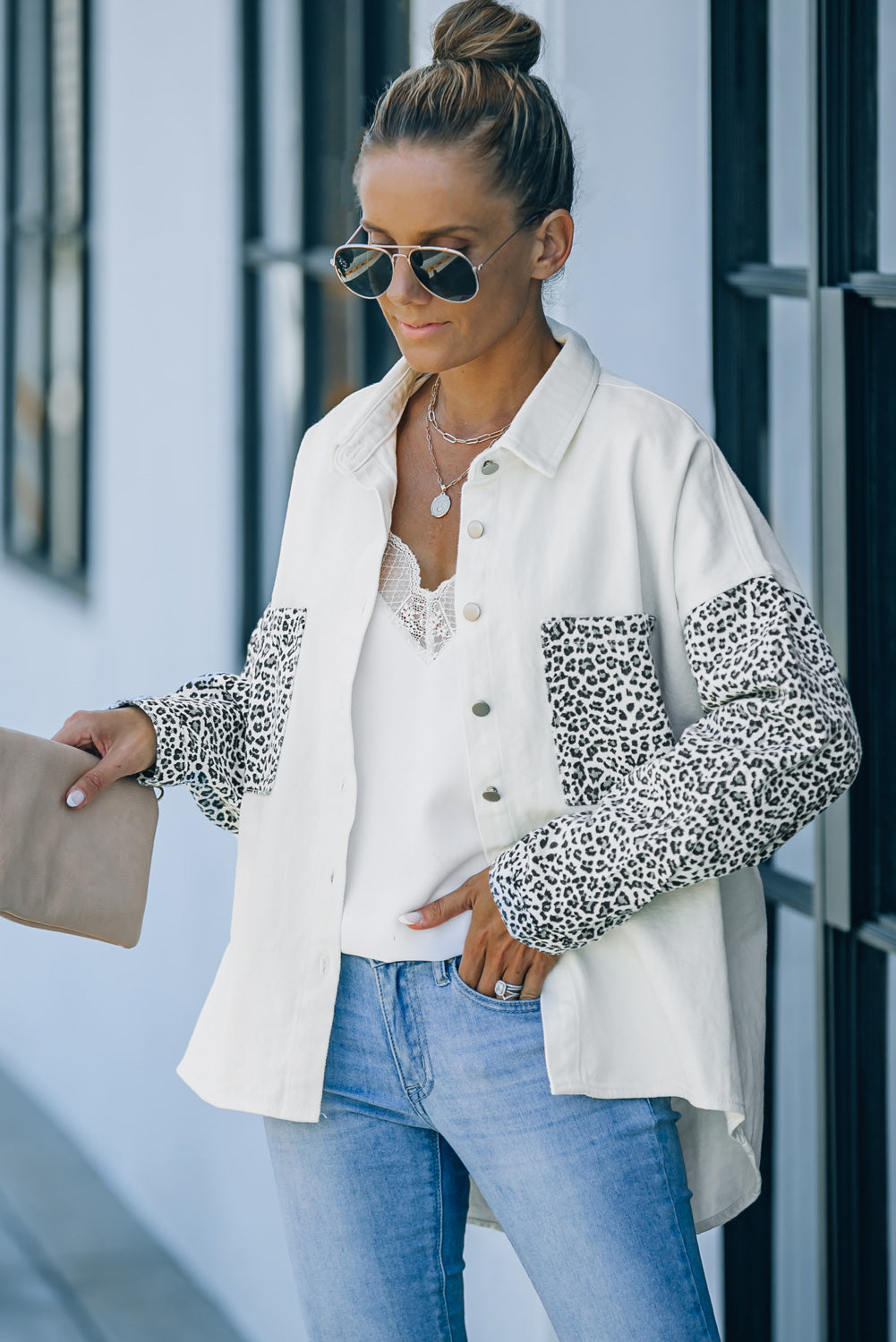 White Contrast Leopard Denim Jacket - Premium Outerwear/Denim jackets from Momma Done Gone Crafty- Just $55! Shop now at Momma Done Gone Crafty