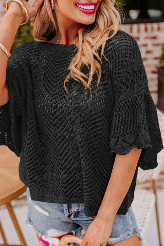 Black Pointelle Knit Scallop Edge Short Sleeve Top - Premium Sweaters & Cardigans/Short Sleeve Sweaters from Momma Done Gone Crafty- Just $28! Shop now at Momma Done Gone Crafty