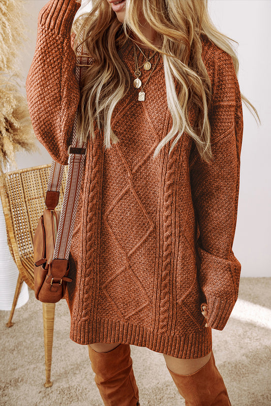 Coffee Cable Knit Drop Shoulder Loose Fit Sweater Dress - Premium Sweaters & Cardigans/Sweater Dresses from Momma Done Gone Crafty- Just $35.85! Shop now at Momma Done Gone Crafty