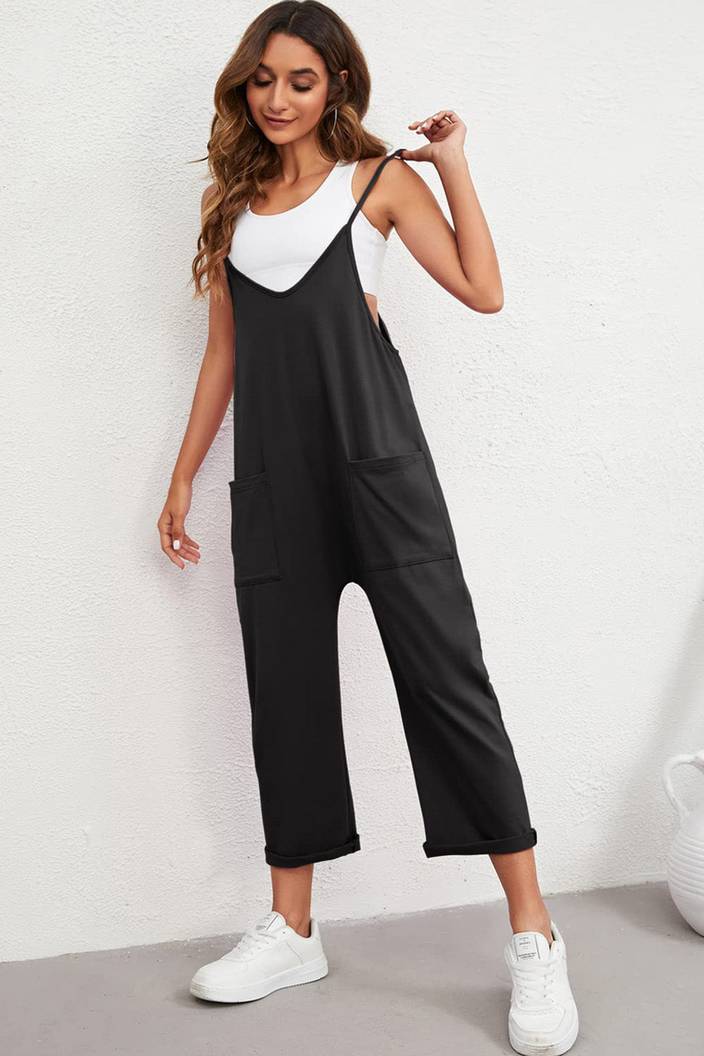 Black Pocketed Adjustable Spaghetti Strap Straight Leg Jumpsuit - Premium Bottoms from Momma Done Gone Crafty- Just $26.99! Shop now at Momma Done Gone Crafty