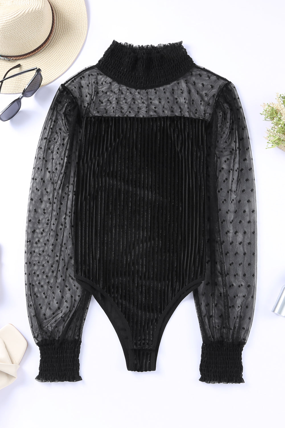 Black Sheer Dotty Long Sleeve Ribbed Velvet Bodysuit - Premium Tops from Momma Done Gone Crafty- Just $74.10! Shop now at Momma Done Gone Crafty