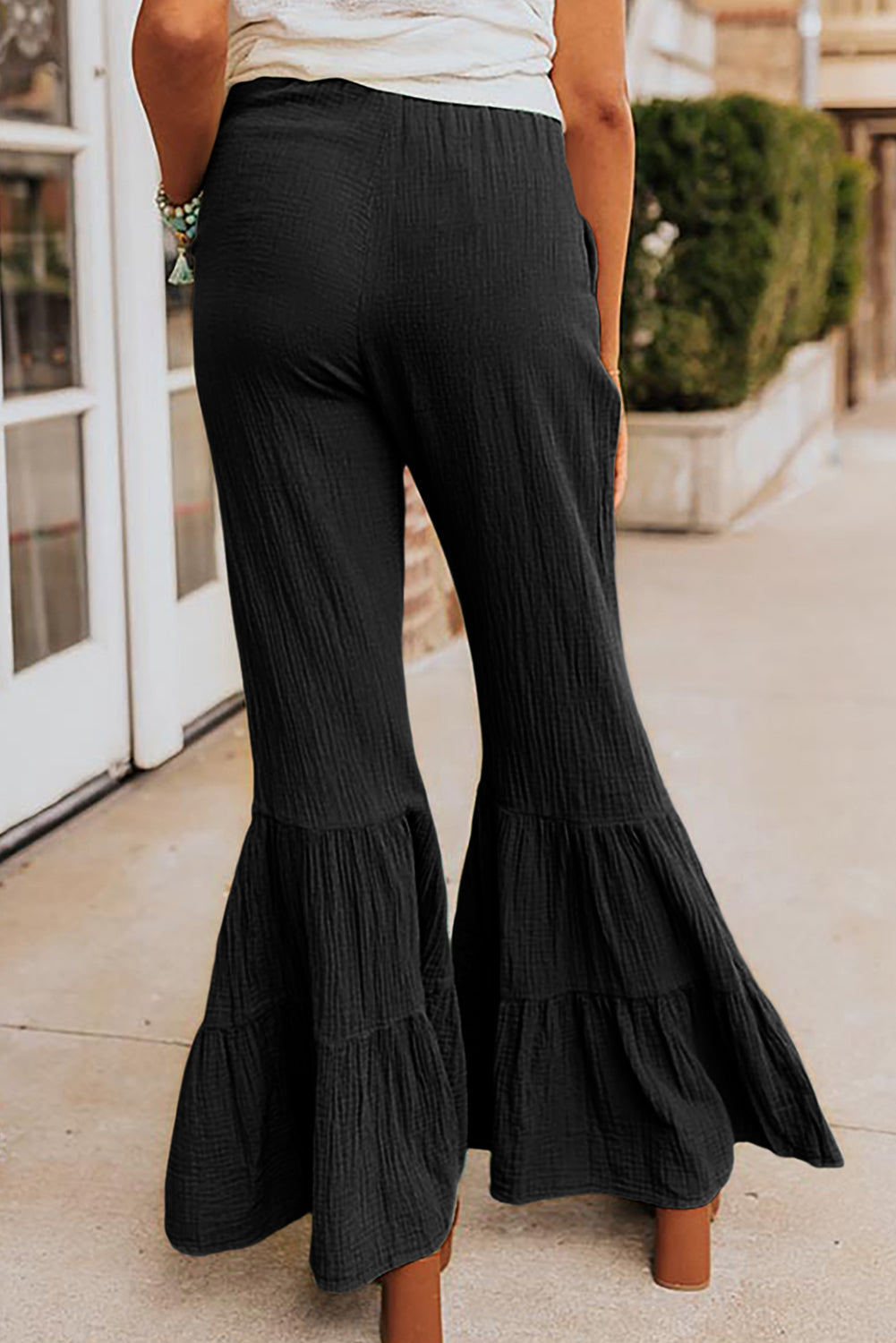 Black Textured High Waist Ruffled Bell Bottom Pants - Premium Bottoms from Momma Done Gone Crafty- Just $38.99! Shop now at Momma Done Gone Crafty