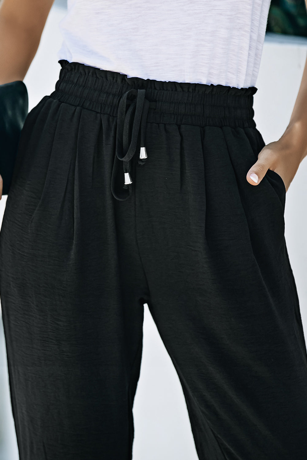 Black Solid Color Drawstring Smocked Waist Joggers - Premium Bottoms from Momma Done Gone Crafty- Just $47.40! Shop now at Momma Done Gone Crafty