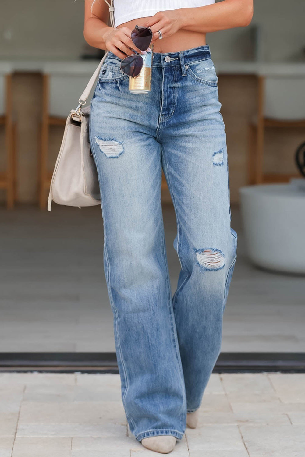 Light Blue High Rise Distressed Straight Leg Jeans - Premium Bottoms/Jeans from Ashes 2 Wildflowers Boutique, LLC- Just $37.14! Shop now at Ashes 2 Wildflowers Boutique, LLC