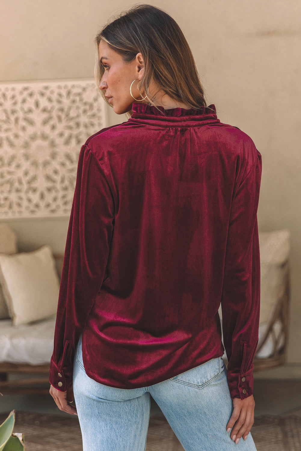 Biking Red Frilled Neck Buttoned Front Velvet Top - Premium Tops from Momma Done Gone Crafty- Just $40.11! Shop now at Momma Done Gone Crafty