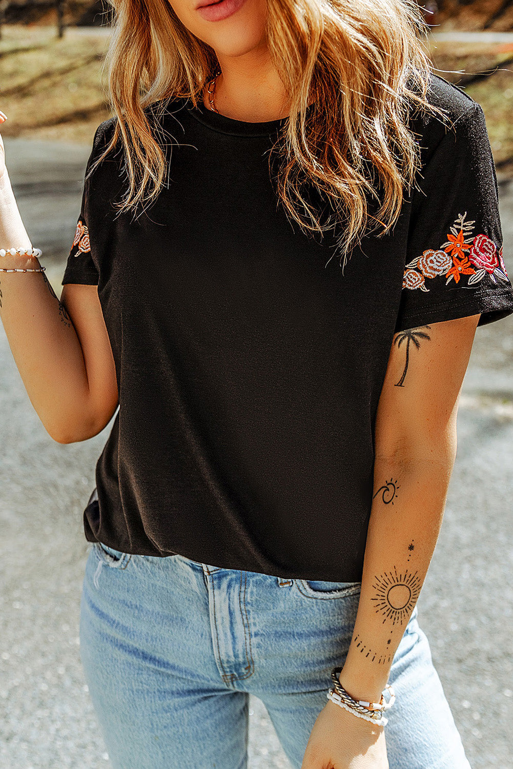 Black Floral Embroidered Round Neck Short Sleeve T Shirt - Premium Tops from Momma Done Gone Crafty- Just $59.70! Shop now at Momma Done Gone Crafty