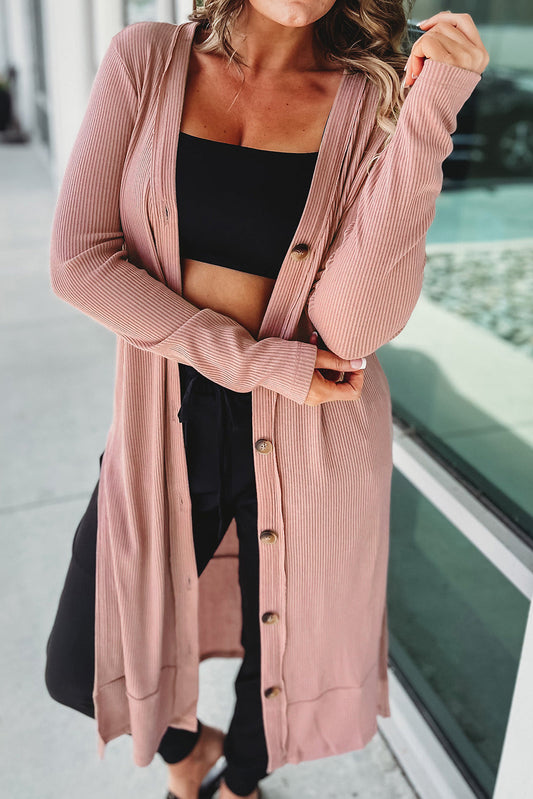 Pink Ribbed Button-Up Split Duster Cardigan - Premium Tops from Momma Done Gone Crafty- Just $44.19! Shop now at Momma Done Gone Crafty