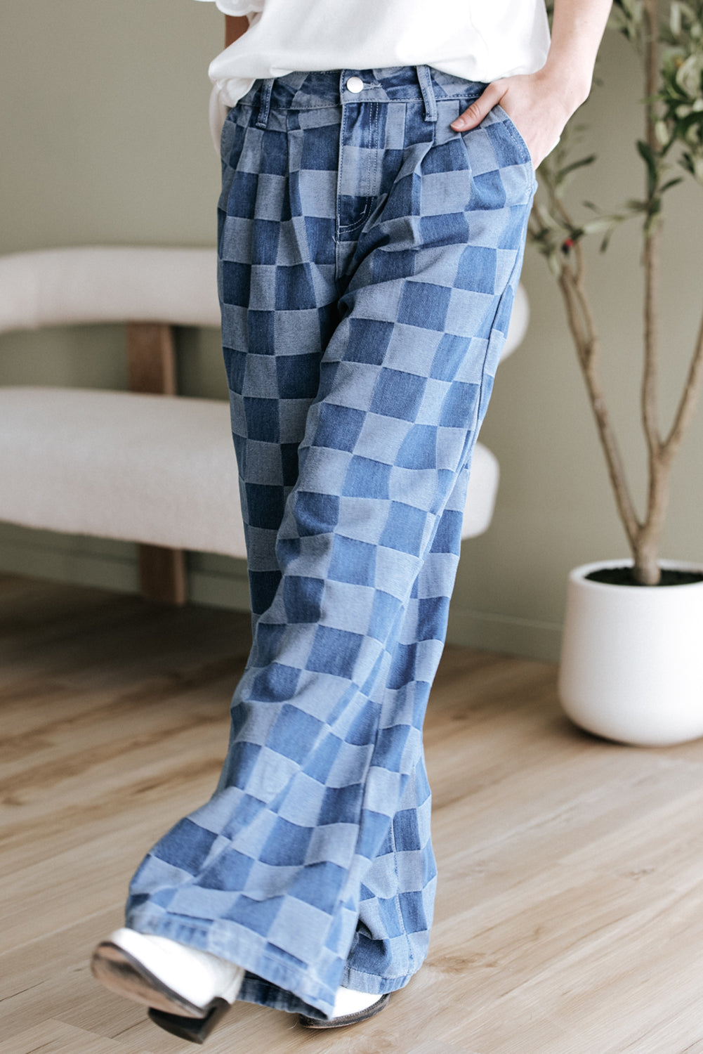 Dusk Blue Checkered Denim Wide Leg Jeans - Premium Bottoms/Jeans from Ashes 2 Wildflowers Boutique, LLC- Just $38.15! Shop now at Ashes 2 Wildflowers Boutique, LLC