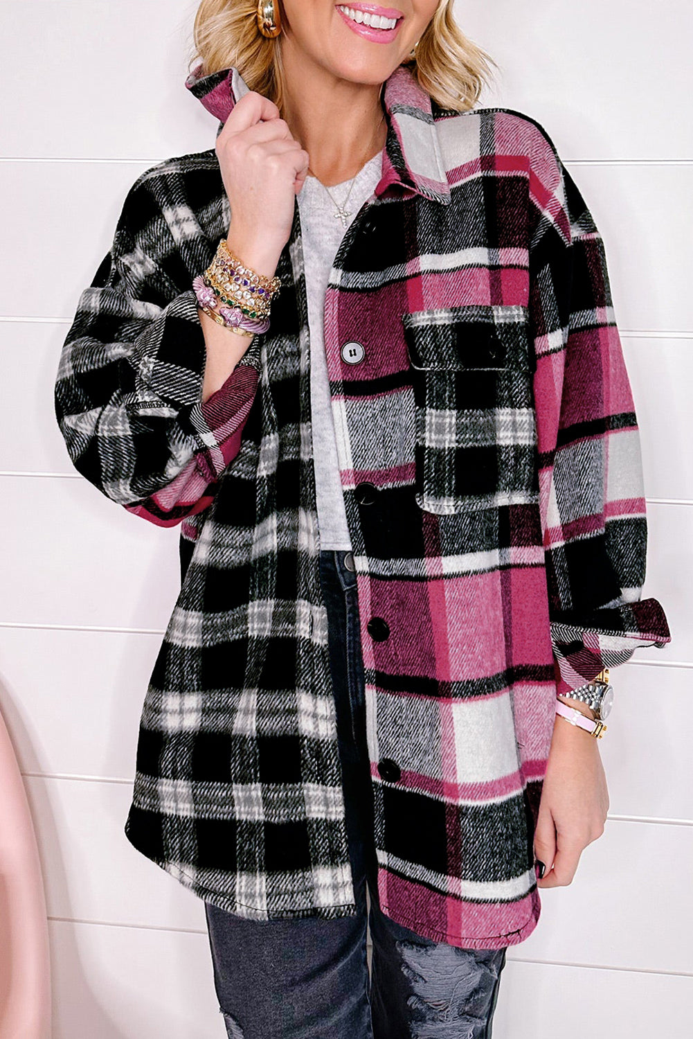 Black Plaid Colorblock Loose Shacket - Premium Outerwear/Plaid Shackets from Momma Done Gone Crafty- Just $46.99! Shop now at Momma Done Gone Crafty