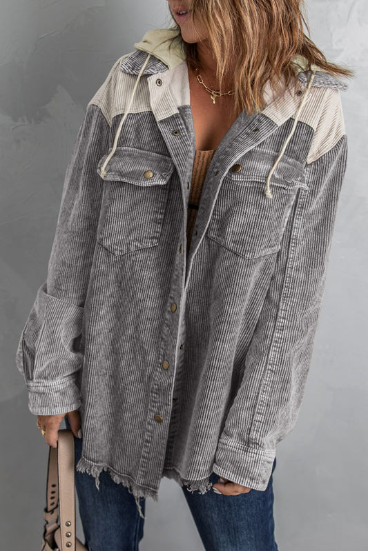 Gray Color Block Button Down Hooded Corduroy Jacket - Premium Outerwear from Momma Done Gone Crafty- Just $68.94! Shop now at Momma Done Gone Crafty