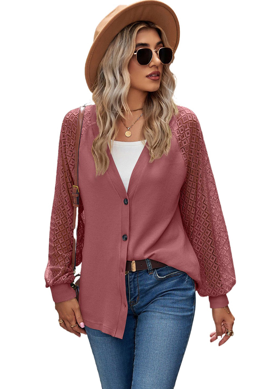 Waffled Knit Lace Long Sleeve Buttoned Cardigan - Premium Tops from Momma Done Gone Crafty- Just $45.30! Shop now at Momma Done Gone Crafty