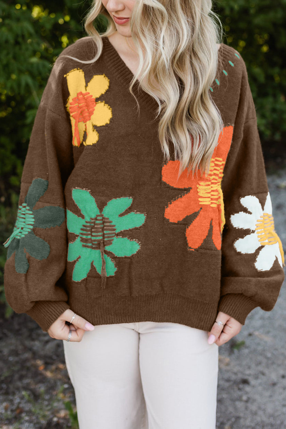 Coffee Big Flower Pattern V Neck Drop Shoulder Sweater - Premium Sweaters & Cardigans/Sweaters from Ashes 2 Wildflowers Boutique, LLC- Just $39.28! Shop now at Ashes 2 Wildflowers Boutique, LLC