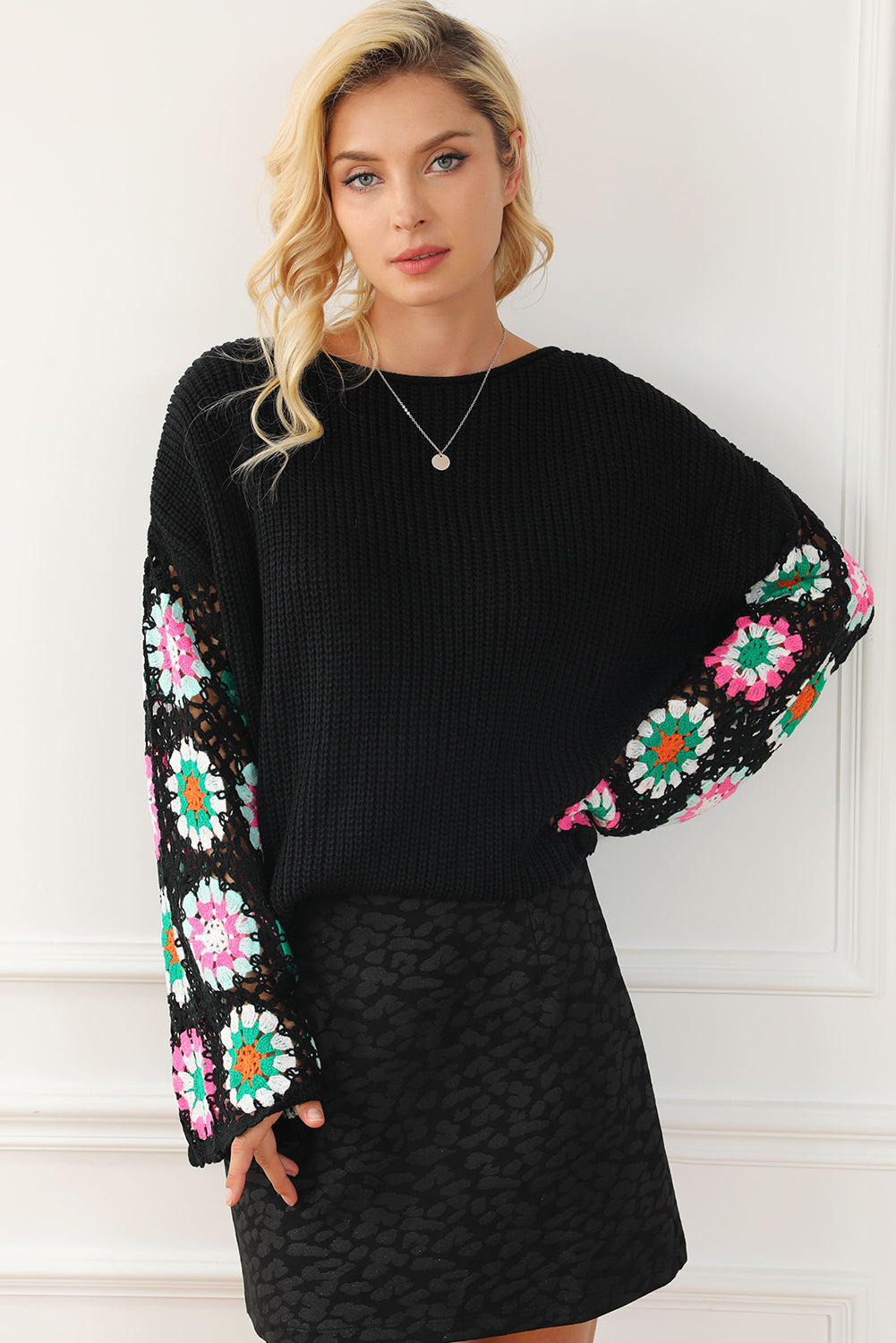 Black Floral Crochet Bell Sleeve Loose Sweater - Premium Tops from Momma Done Gone Crafty- Just $52.99! Shop now at Momma Done Gone Crafty