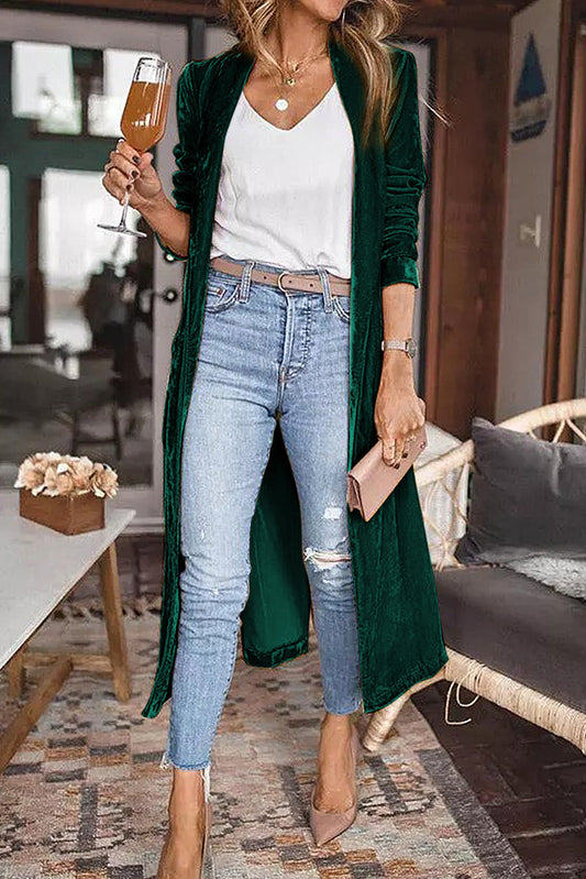 Green Velvet Open Front Pocketed Long Duster - Premium Tops from Momma Done Gone Crafty- Just $41.40! Shop now at Momma Done Gone Crafty