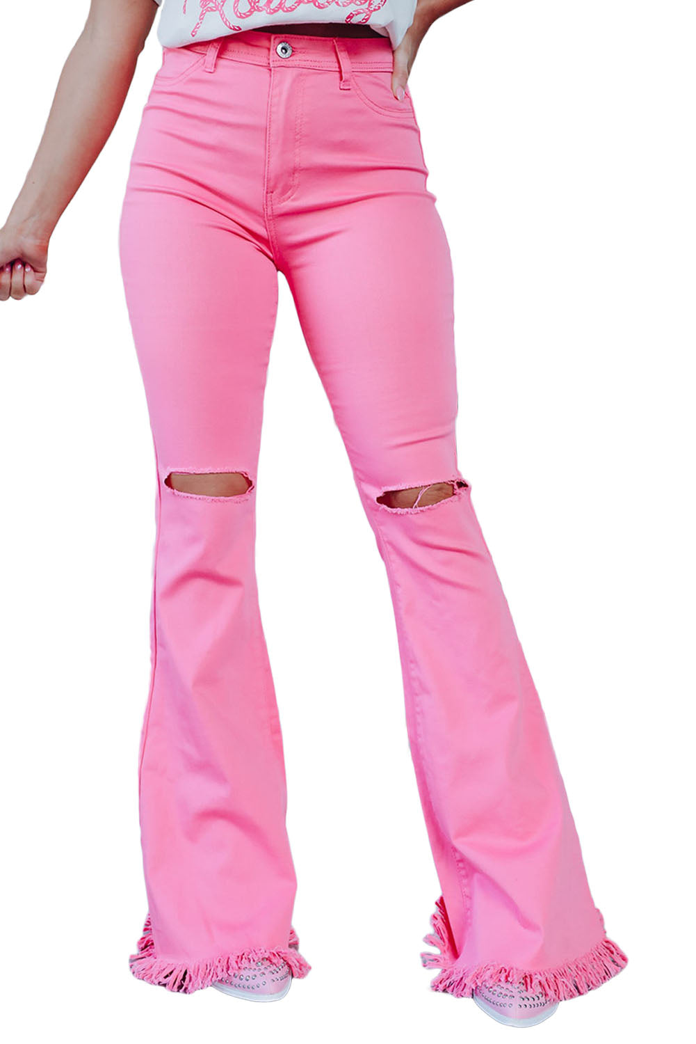 Pink Vintage High Waist Flare Leg Ripped Raw Hem Jeans - Premium Bottoms/Jeans from Ashes 2 Wildflowers Boutique, LLC- Just $35.40! Shop now at Ashes 2 Wildflowers Boutique, LLC