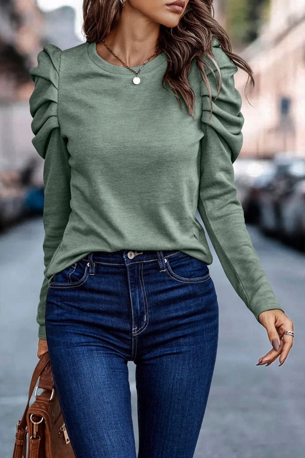 Green Buttoned Puff Long Sleeve Sheath Top - Premium Tops from Momma Done Gone Crafty- Just $44.10! Shop now at Momma Done Gone Crafty
