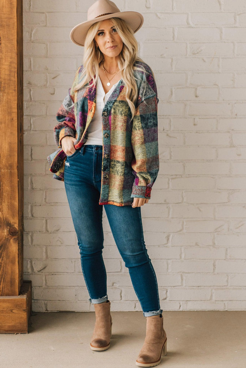 Multicolor Brushed Checked Western Buttoned Jacket - Premium Outerwear from Momma Done Gone Crafty- Just $40.20! Shop now at Momma Done Gone Crafty
