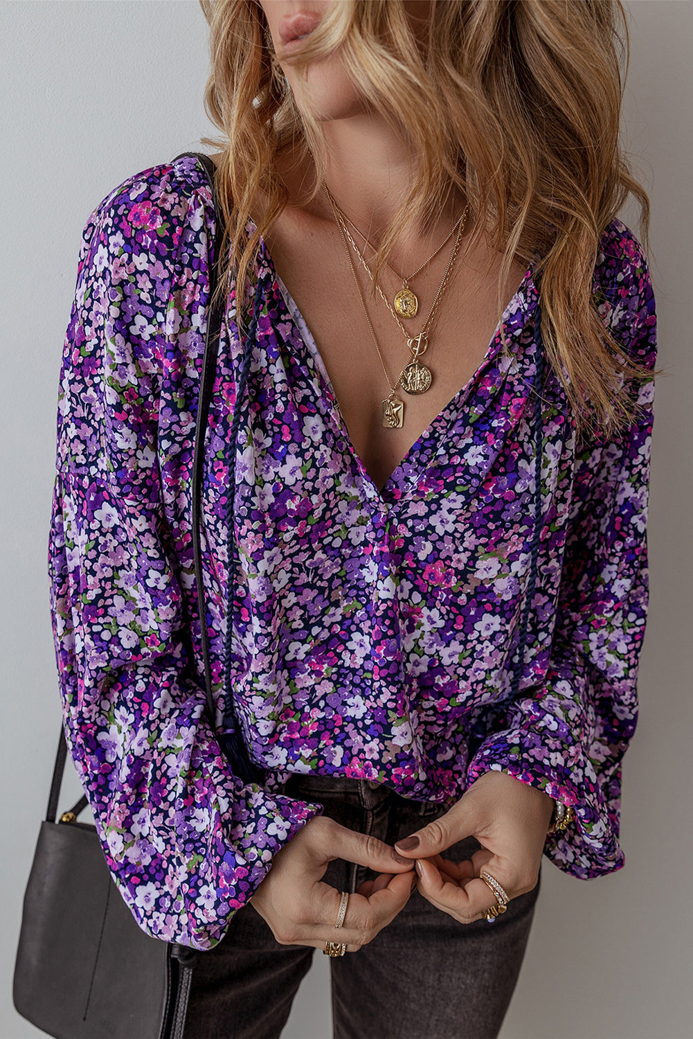 Purple Boho Flower Split V Neck Bubble Sleeve Blouse - Premium Tops/Blouses & Shirts from Ashes 2 Wildflowers Boutique, LLC- Just $21.85! Shop now at Ashes 2 Wildflowers Boutique, LLC