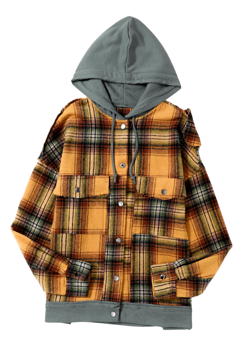 Orange Plaid Patch Hooded Frayed Snap Button Jacket - Premium Outerwear from Momma Done Gone Crafty- Just $52.62! Shop now at Momma Done Gone Crafty