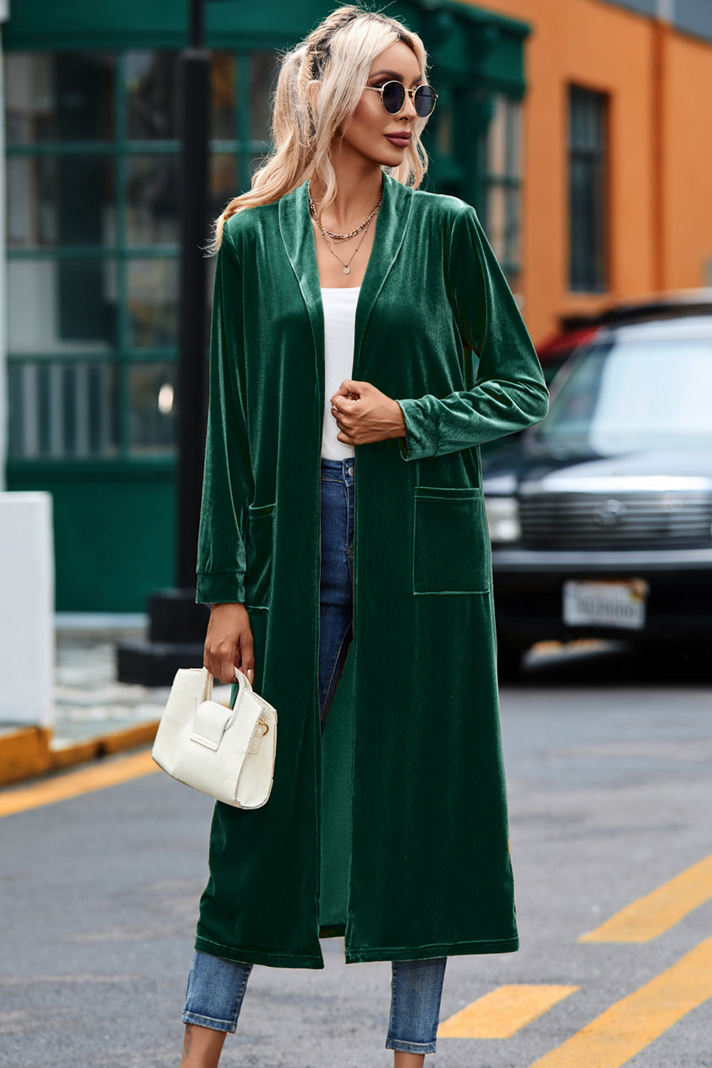 Green Velvet Open Front Pocketed Long Duster - Premium Tops from Momma Done Gone Crafty- Just $41.40! Shop now at Momma Done Gone Crafty