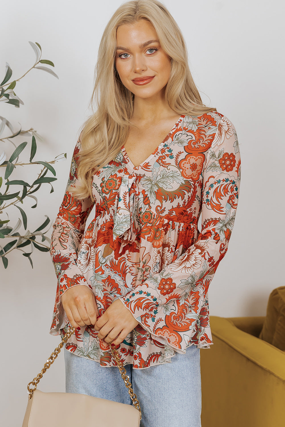 Orange Floral Print Deep V Neck Knot Bell Sleeve Blouse - Premium Tops/Blouses & Shirts from Ashes 2 Wildflowers Boutique, LLC- Just $17.58! Shop now at Ashes 2 Wildflowers Boutique, LLC