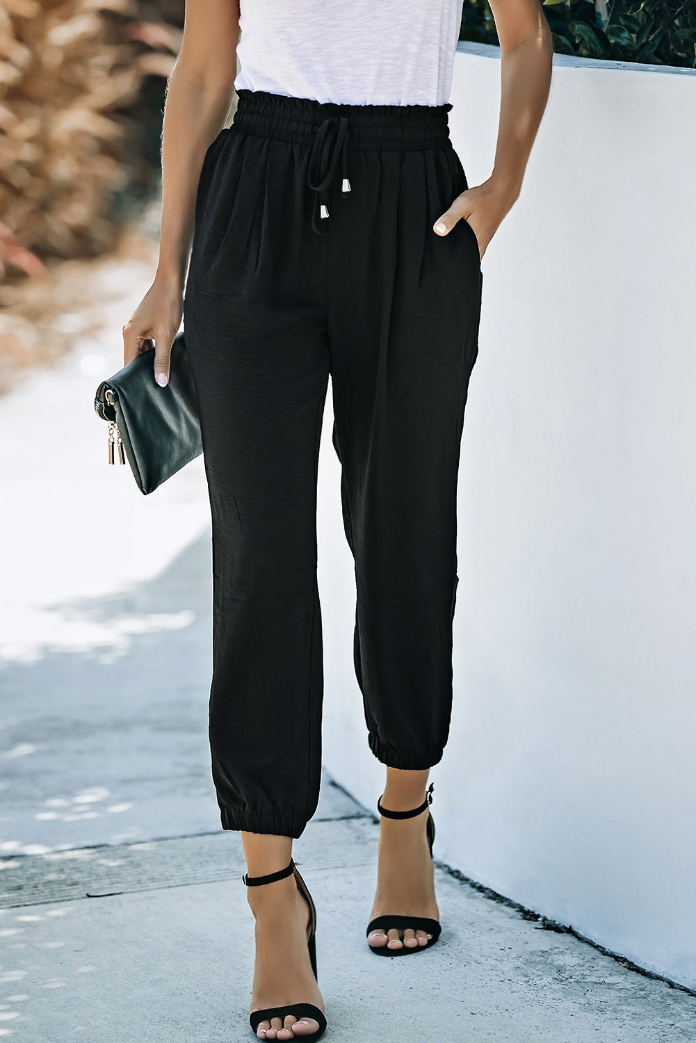 Black Solid Color Drawstring Smocked Waist Joggers - Premium Bottoms from Momma Done Gone Crafty- Just $47.40! Shop now at Momma Done Gone Crafty