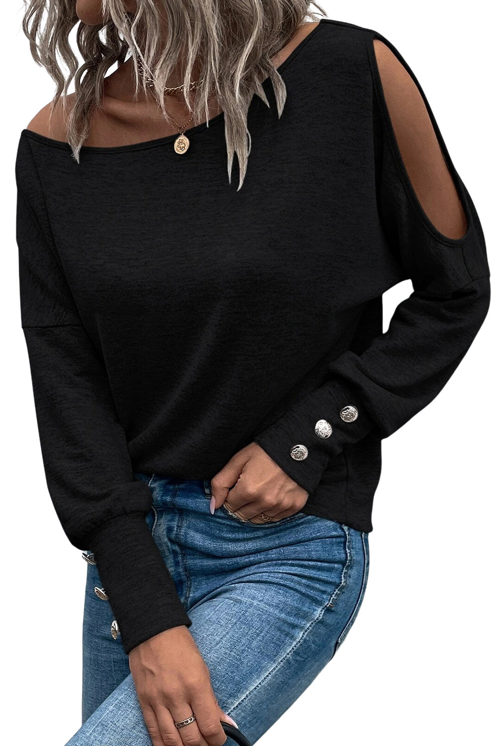 Black Asymmetrical Cut Out Buttoned Long Sleeve Top - Premium Tops from Momma Done Gone Crafty- Just $43.80! Shop now at Momma Done Gone Crafty