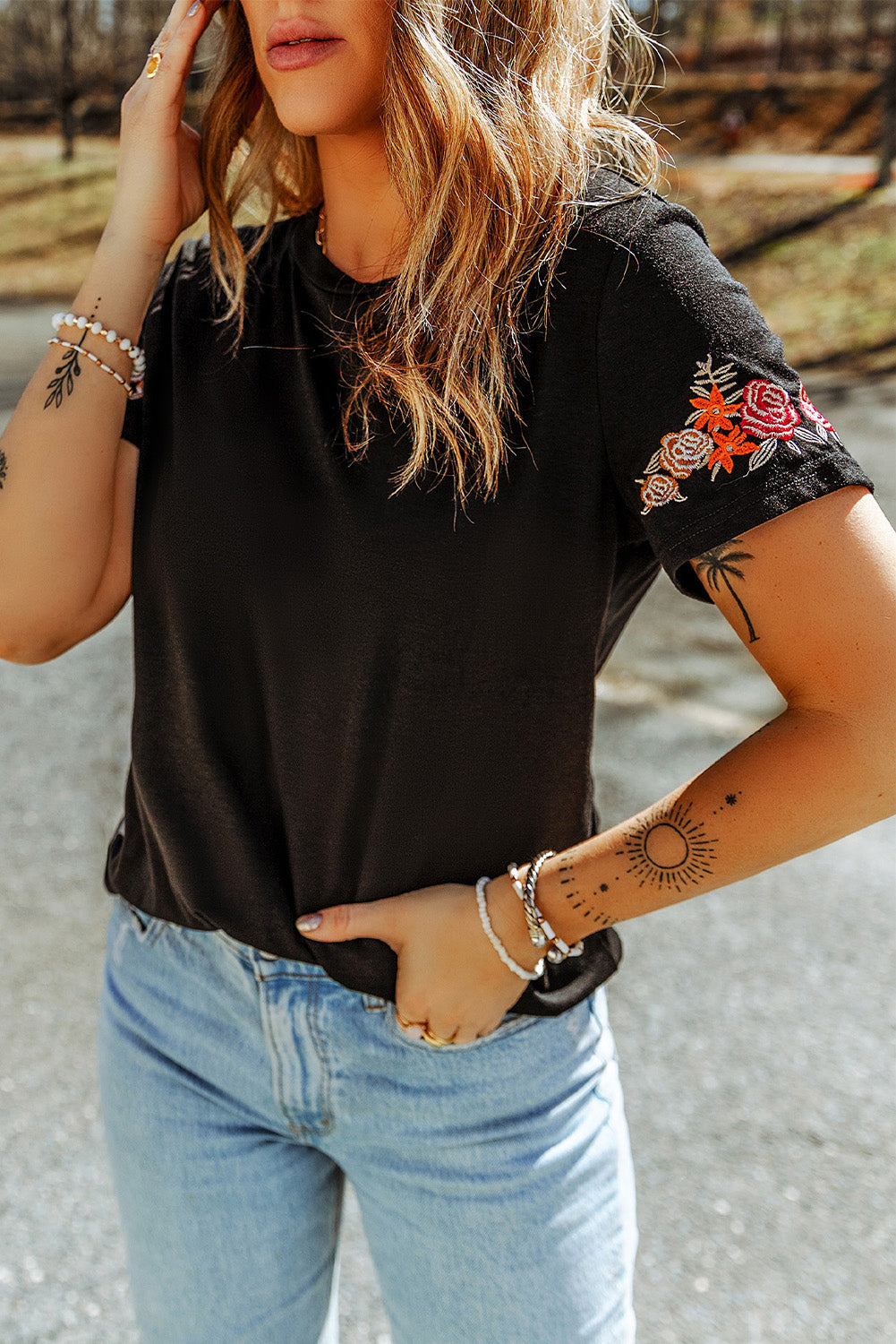 Black Floral Embroidered Round Neck Short Sleeve T Shirt - Premium Tops from Momma Done Gone Crafty- Just $59.70! Shop now at Momma Done Gone Crafty