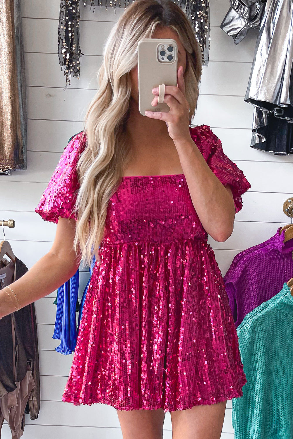 Rose Red Short Puff Sleeve Sequin Babydoll Romper - Premium Bottoms/Jumpsuits & Rompers from Momma Done Gone Crafty- Just $42.90! Shop now at Momma Done Gone Crafty