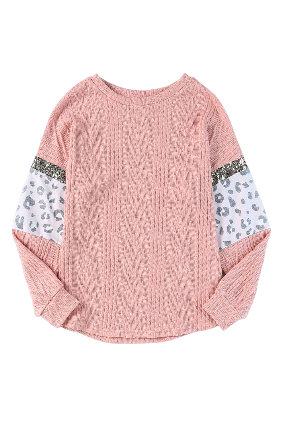 Pink Leopard Sequin Splicing Sleeves Textured Knit Top - Premium Tops from Momma Done Gone Crafty- Just $36.90! Shop now at Momma Done Gone Crafty