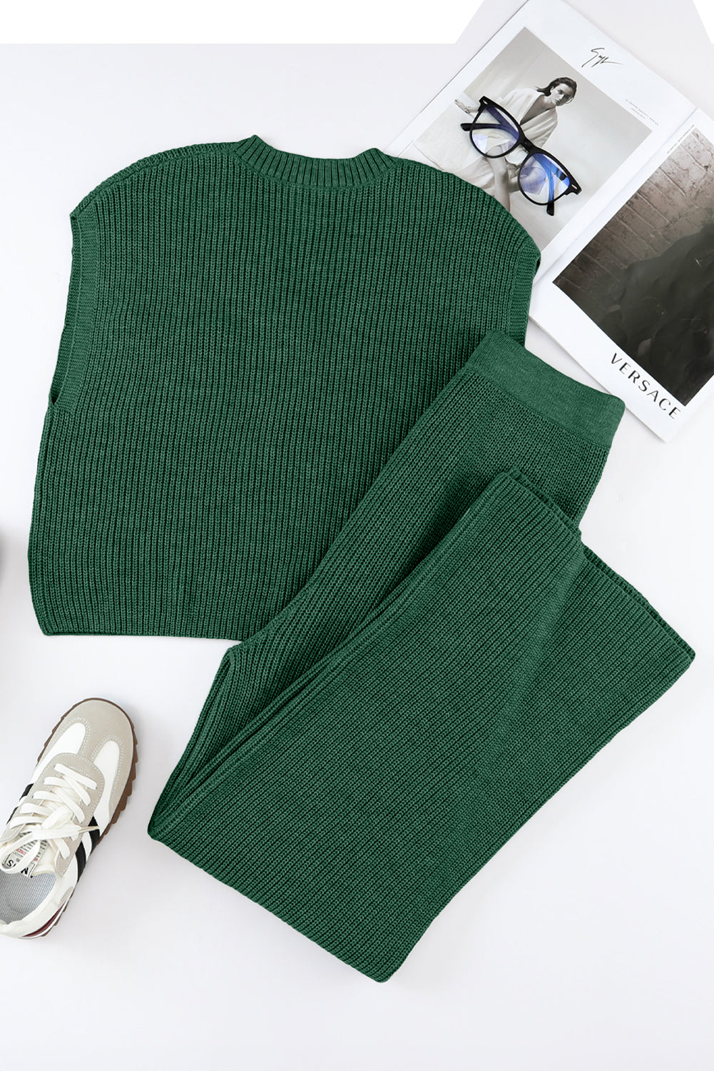 Green Knitted V Neck Sweater and Casual Pants Set - Premium Loungewear from Momma Done Gone Crafty- Just $82.26! Shop now at Momma Done Gone Crafty