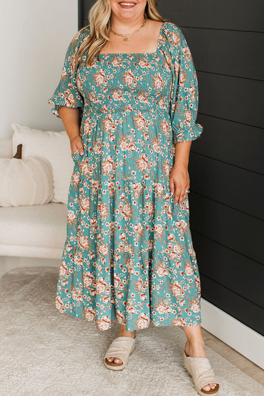 Green Plus Size Floral Print Square Neck Smocked Maxi Dress - Premium Plus Size/Plus Size Dresses/Plus Size Maxi Dresses from Momma Done Gone Crafty- Just $49.95! Shop now at Momma Done Gone Crafty