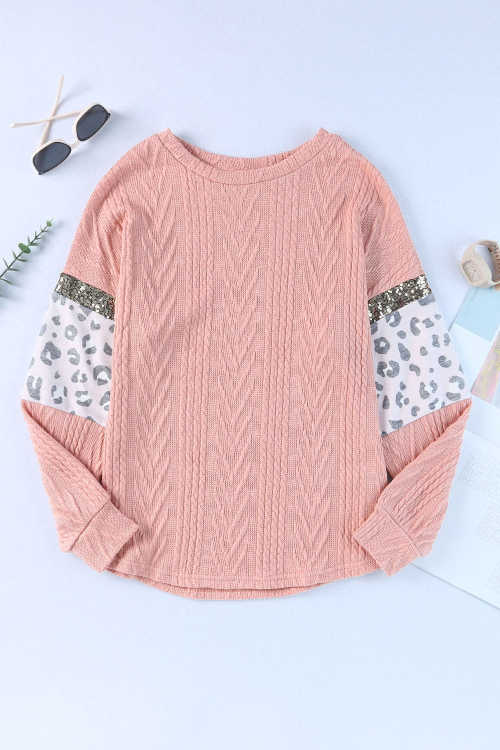 Pink Leopard Sequin Splicing Sleeves Textured Knit Top - Premium Tops from Momma Done Gone Crafty- Just $36.90! Shop now at Momma Done Gone Crafty