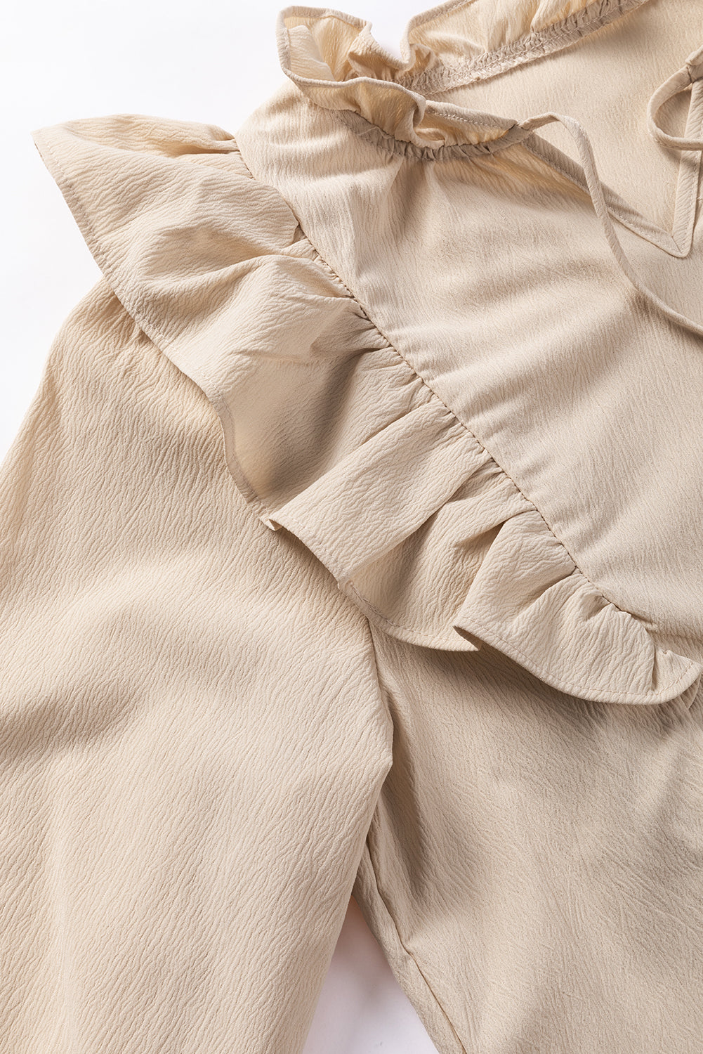 Khaki Ruffled Lace up Bubble Sleeve Blouse - Premium Tops from Momma Done Gone Crafty- Just $45.18! Shop now at Momma Done Gone Crafty