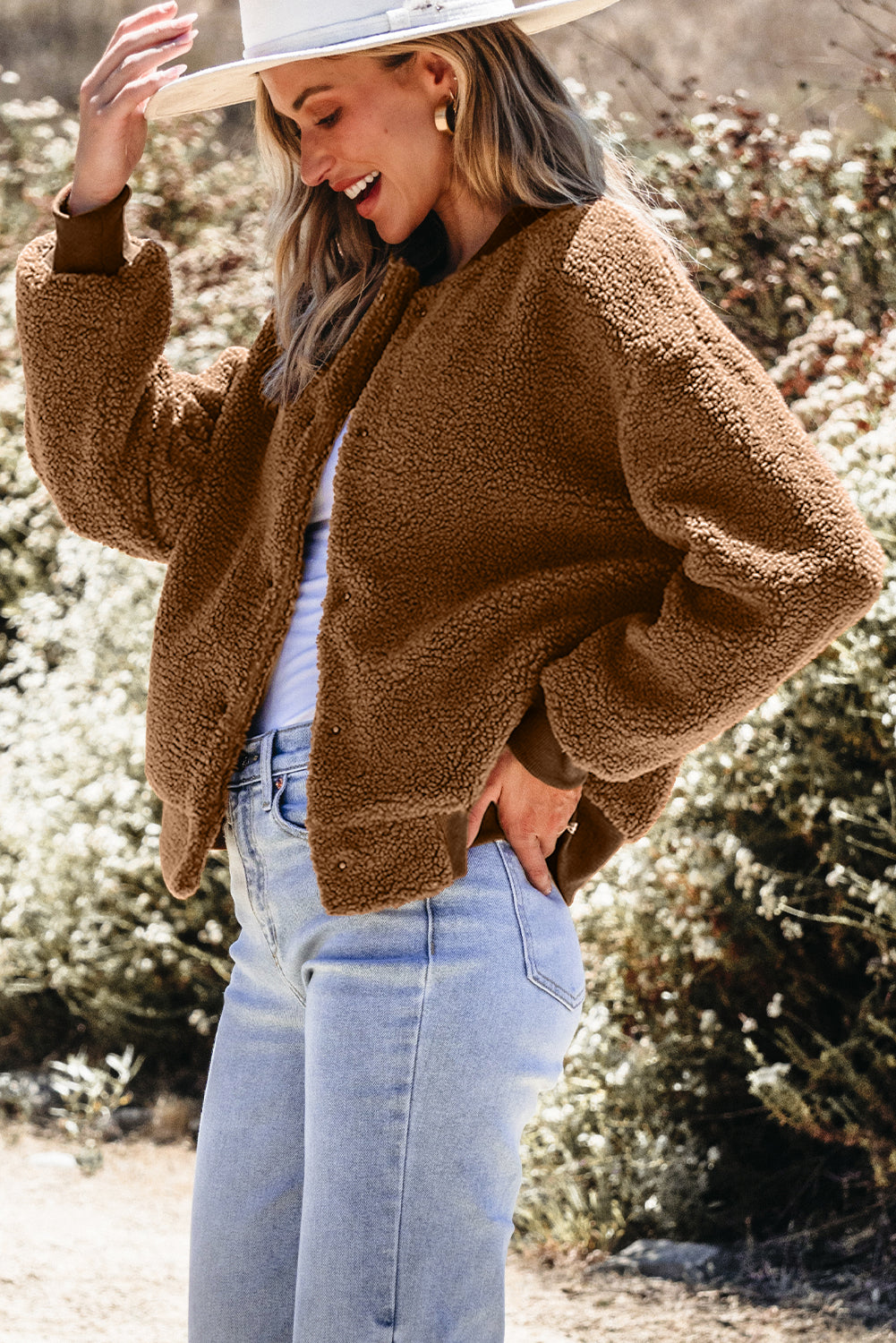 Redwood Burl Sherpa Ribbed Baseball Collar Bomber Jacket - Premium Sale (50% OFF)/30% OFF from Ashes 2 Wildflowers Boutique, LLC- Just $38.60! Shop now at Ashes 2 Wildflowers Boutique, LLC