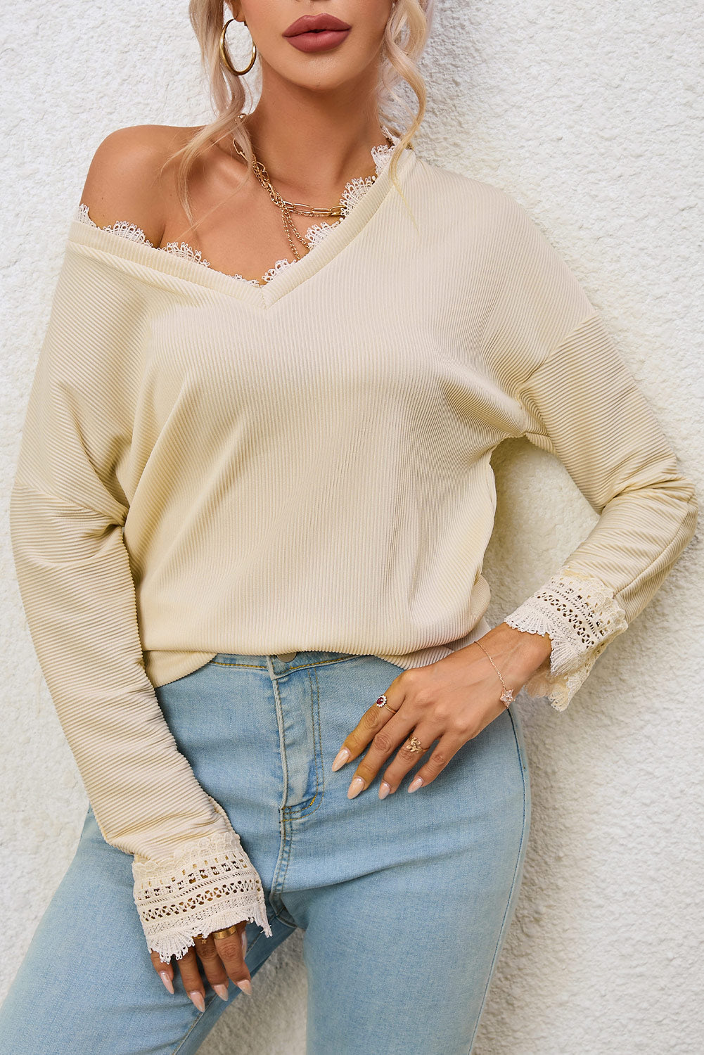 Apricot Ribbed Texture Lace Trim V Neck Long Sleeve Top - Premium Tops from Momma Done Gone Crafty- Just $30.60! Shop now at Momma Done Gone Crafty