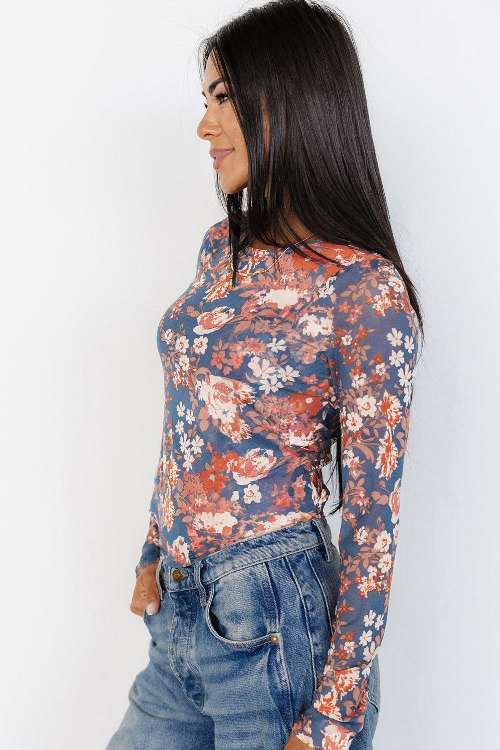 Orchid Petal Floral Print Mesh Fitted Long Sleeve Top - Premium Tops/Long Sleeve Tops from Ashes 2 Wildflowers Boutique, LLC- Just $24.50! Shop now at Ashes 2 Wildflowers Boutique, LLC