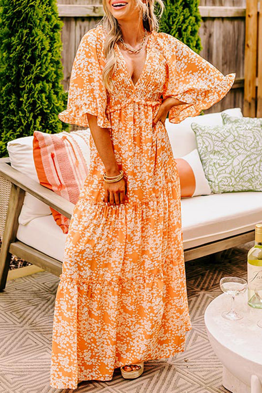 Orange Floral Print Smocked V Neck Wide Sleeve Maxi Dress - Premium Dresses/Floral Dresses from Momma Done Gone Crafty- Just $55.99! Shop now at Momma Done Gone Crafty