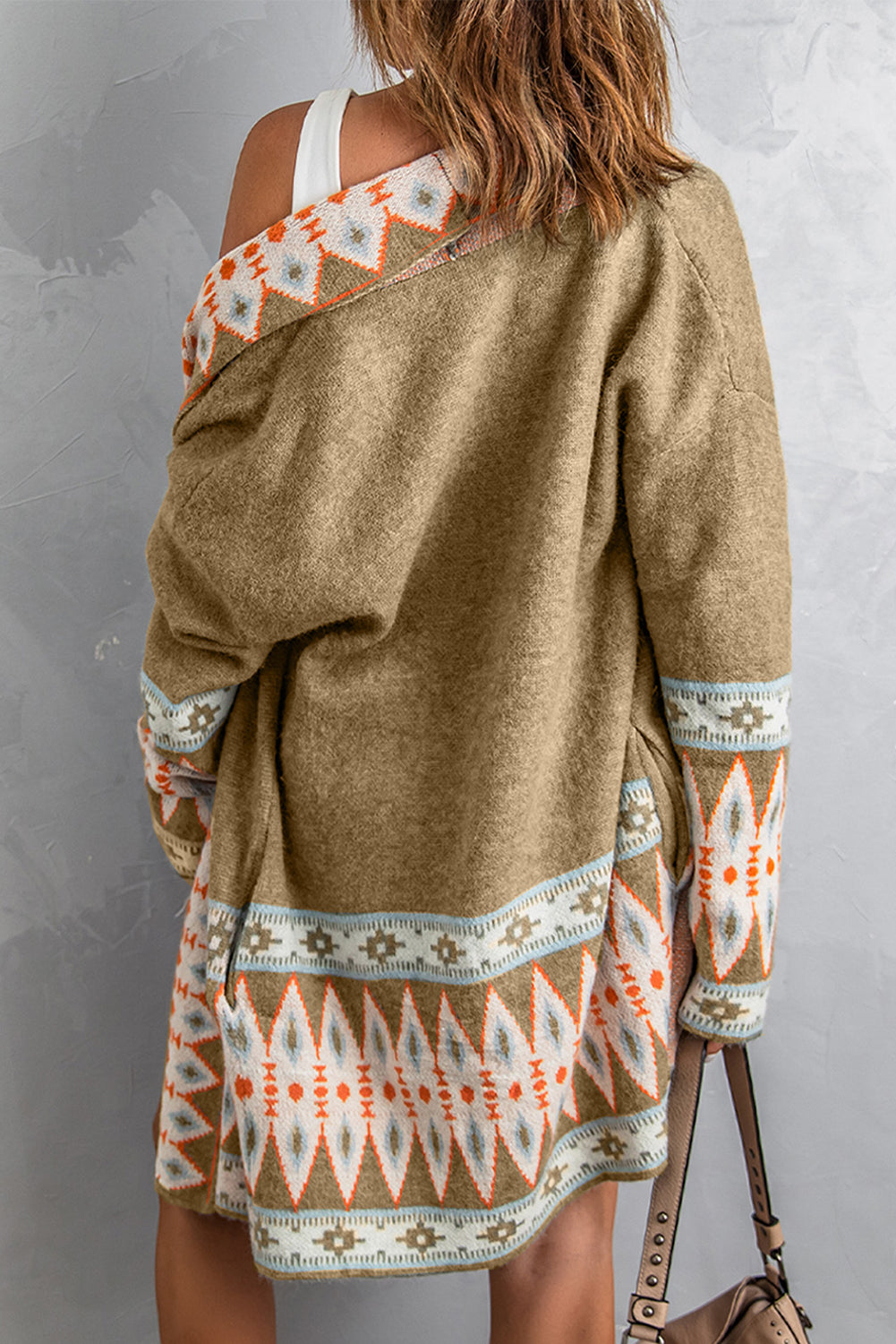 Khaki Aztec Print Open Front Knitted Cardigan - Premium Sweaters & Cardigans/Cardigans from Ashes 2 Wildflowers Boutique, LLC- Just $40.97! Shop now at Ashes 2 Wildflowers Boutique, LLC