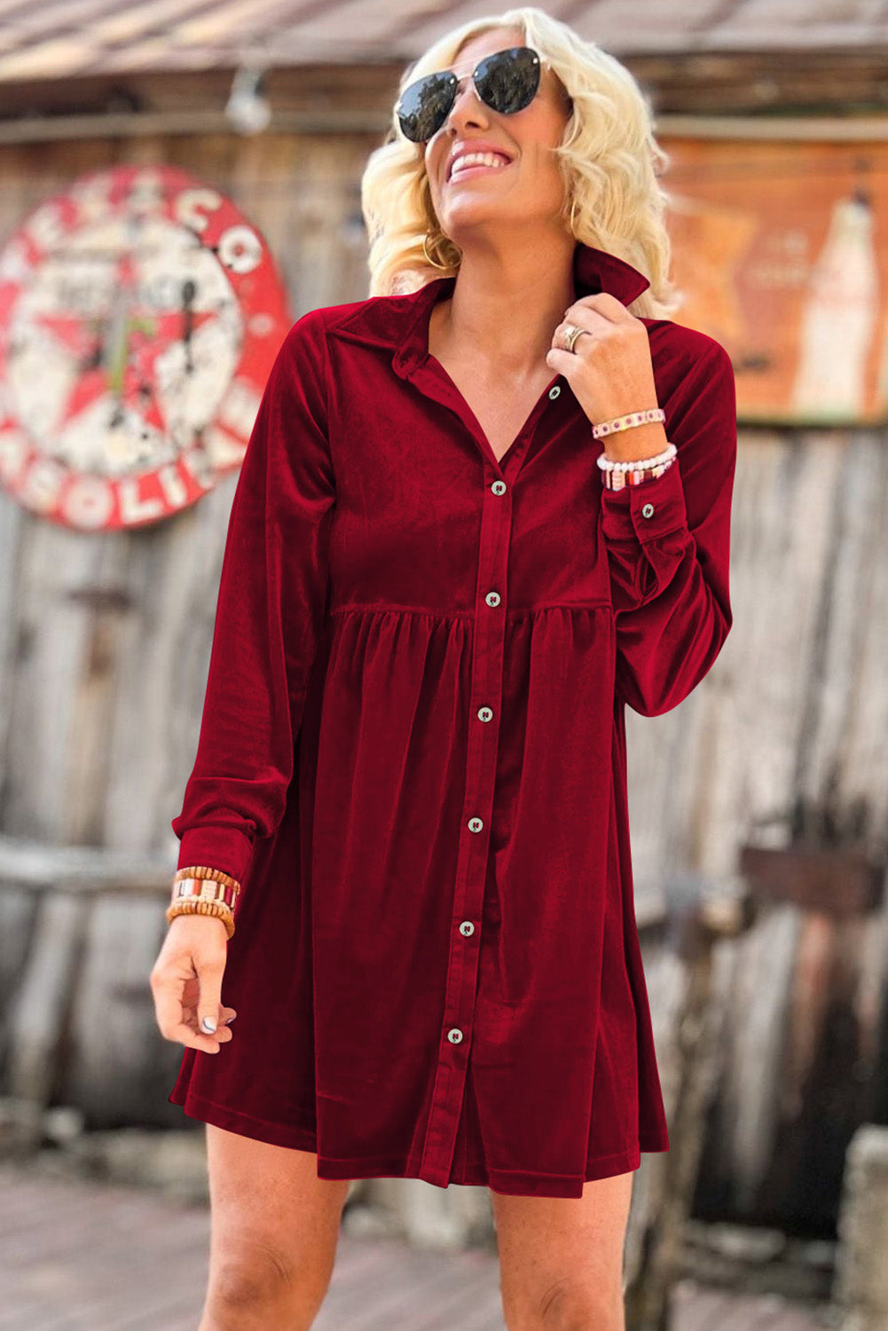 Red Long Sleeve Ruffle Velvet Button Up Dress - Premium Dresses from Momma Done Gone Crafty- Just $39.30! Shop now at Momma Done Gone Crafty