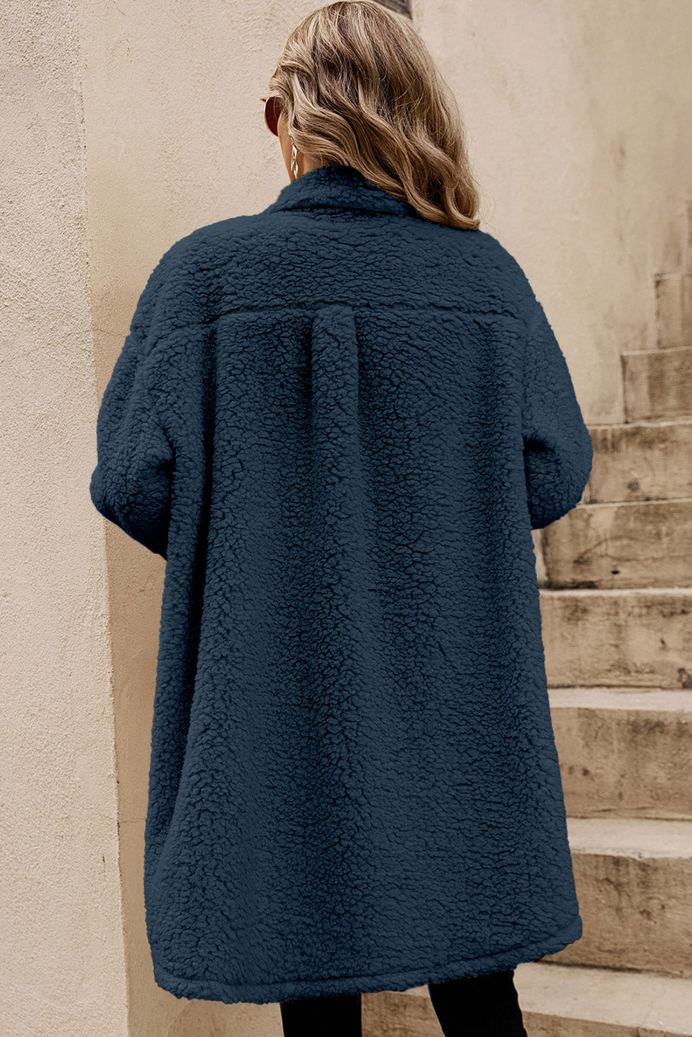 Blue Contrast Flap Pocket Single Breasted Teddy Coat - Premium Outerwear/Coats from Momma Done Gone Crafty- Just $45.99! Shop now at Momma Done Gone Crafty